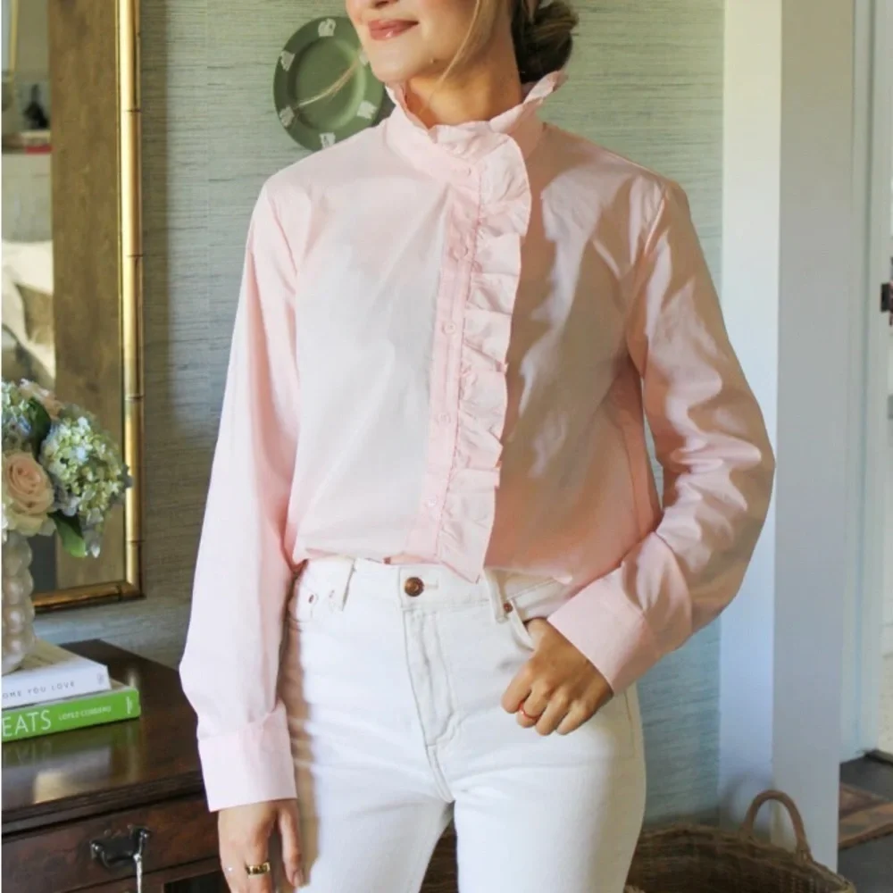 J. Crew Pink Cottage Top In Cotton Poplin Ruffle Trim Size 4
